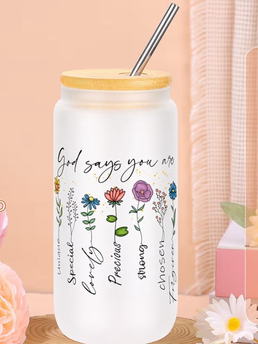 God Says You Are Floral Glass Cup with Bamboo Lid